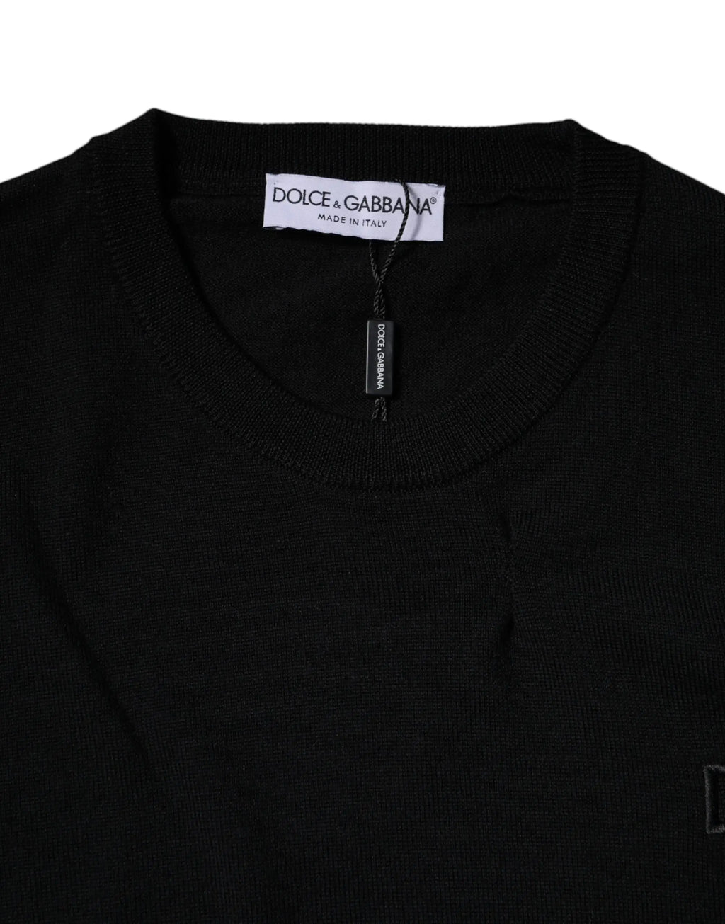 Pull noir dolce gabbana en laine avec col rond côtelé et logo brodé subtil sur la poitrine