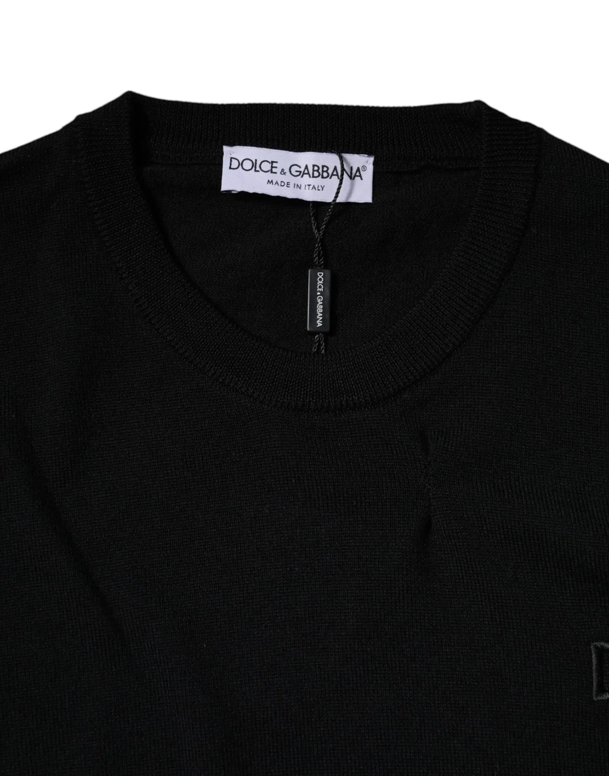 Pull noir dolce gabbana en laine avec col rond côtelé et logo brodé subtil sur la poitrine