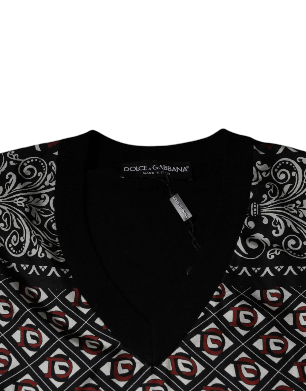 Dolce & gabbana pull col v en laine noir avec motifs ornementaux blancs et rouges
