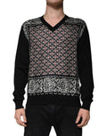 Pull à col en v en laine noire dolce & gabbana avec motif géométrique de logos entrelacés bordeaux et blanc orné de filigrane argenté