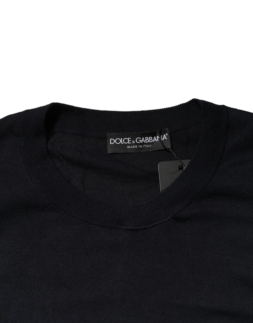 Pull à col rond noir dolce & gabbana en maille avec col côtelé et étiquette made in italy