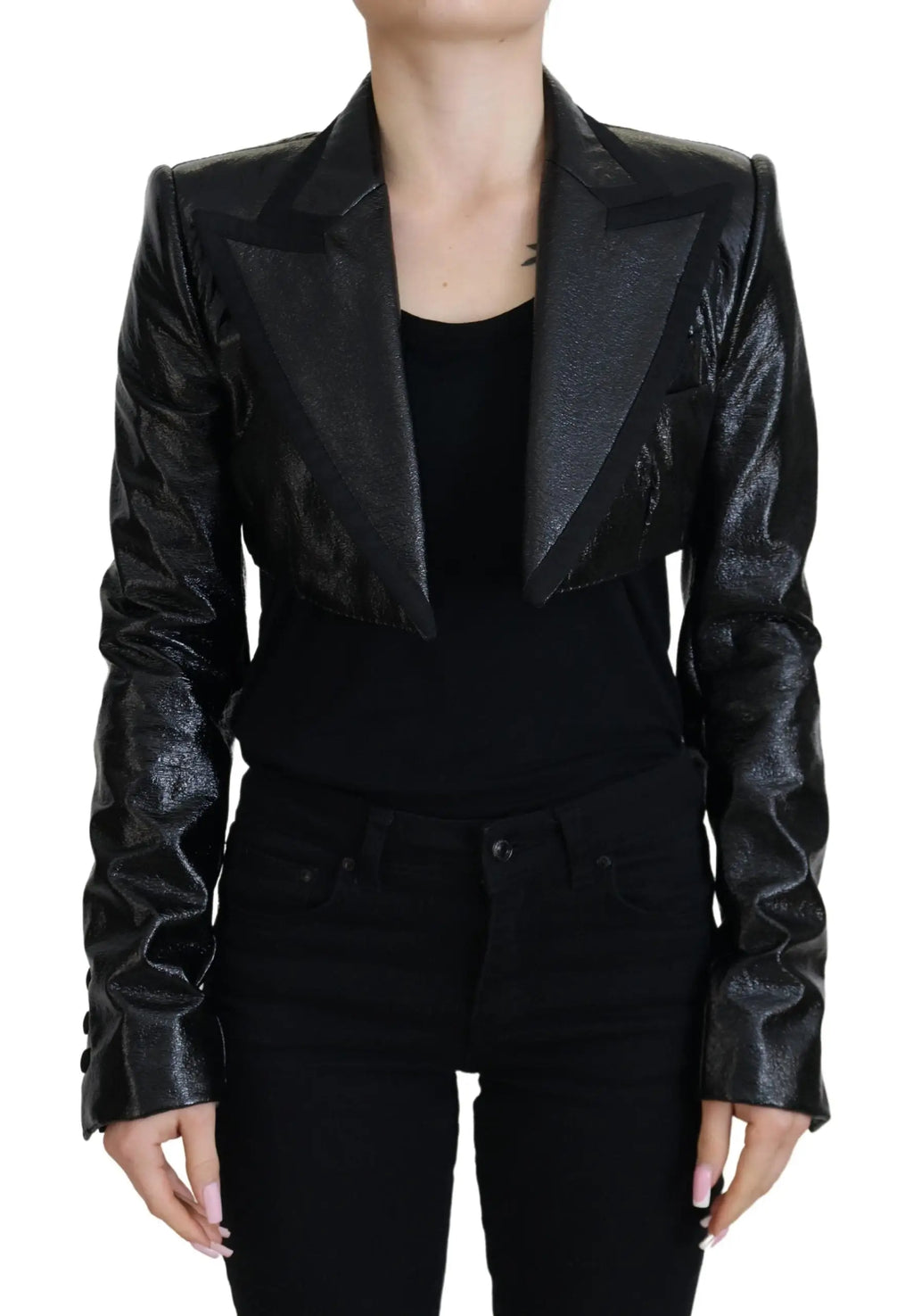 Blazer court noir dolce & gabbana en coton avec finition brillante texturée et revers structurés manches longues