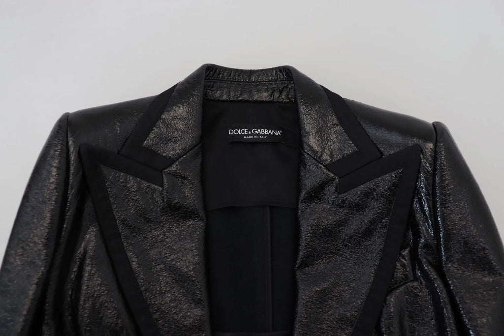 Blazer court noir dolce gabbana en coton avec finitions cuir texturé brillant et col en satin noir contrastant