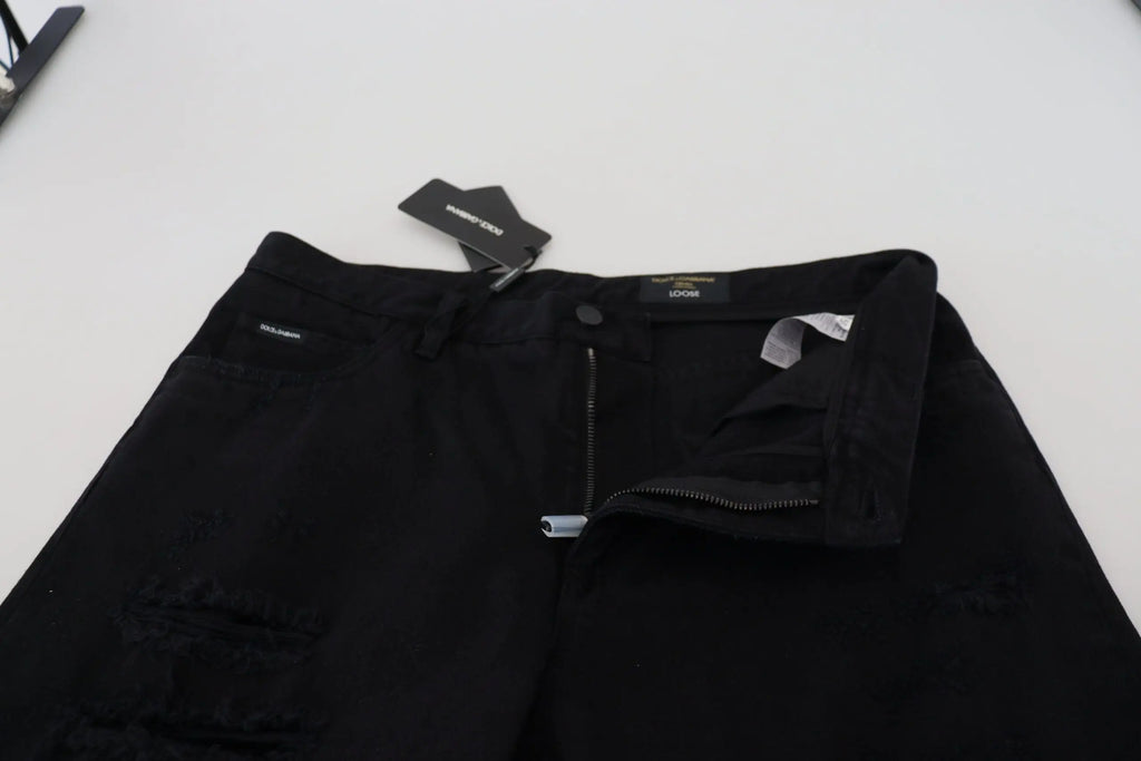 Jeans en coton noir déchiré dolce & gabbana à coupe large avec fermeture éclair et étiquettes de marque