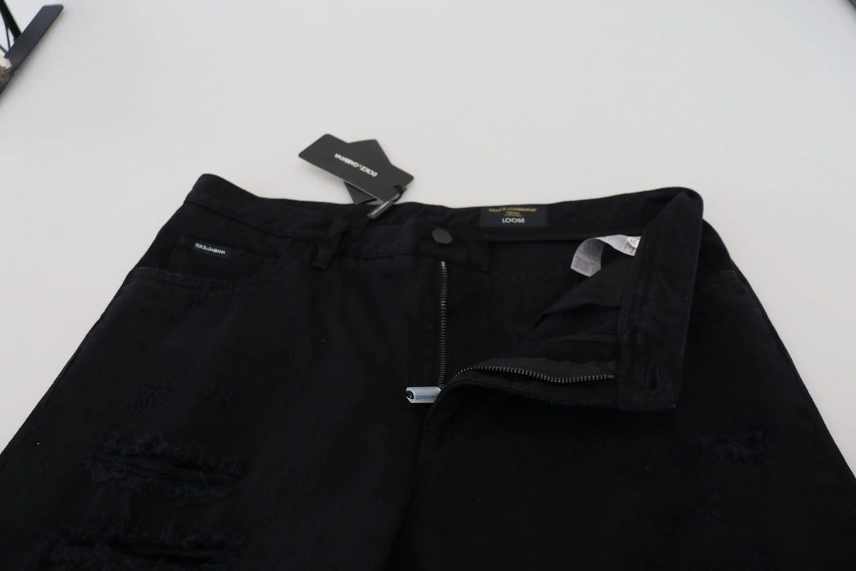 Jeans en coton noir déchiré dolce & gabbana à coupe large avec fermeture éclair et étiquettes de marque