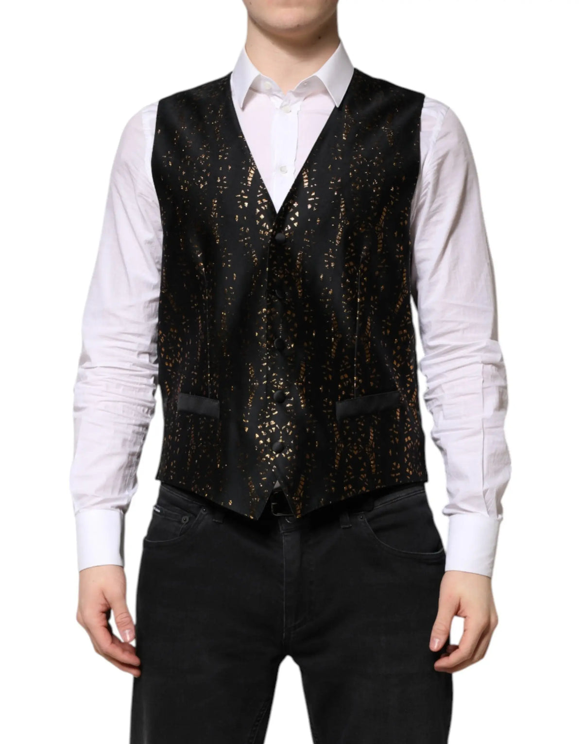 Dolce & Gabbana veste homme noir en satin lurex avec motif feuilles dorées et deux poches avant pour occasions formelles