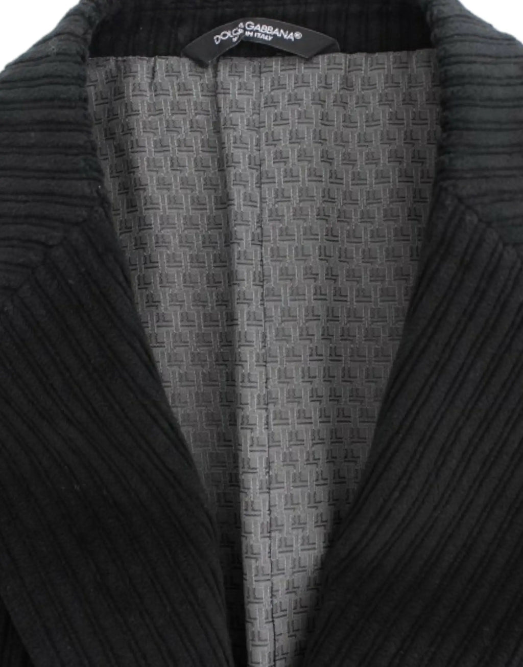 Dolce & gabbana blazer en velours côtelé noir avec doublure à motif géométrique gris subtil et étiquette de marque