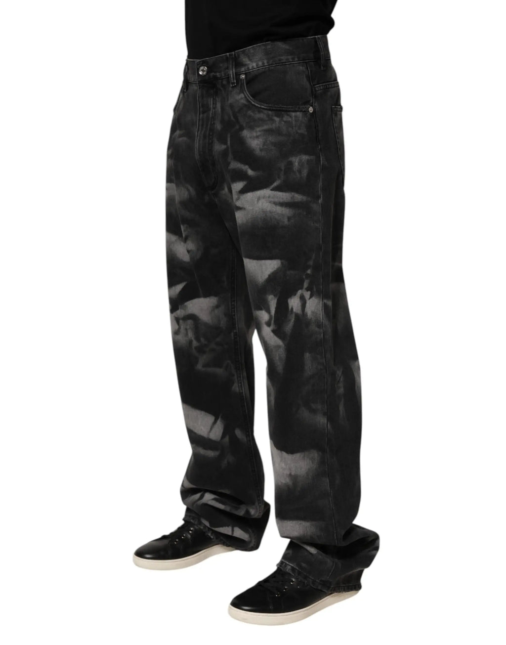 Dolce gabbana jeans en denim noir pour homme avec motif camouflage portrait en niveaux de gris effet marbré