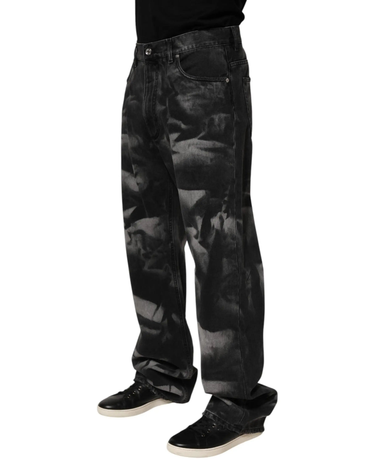 Dolce gabbana jeans en denim noir pour homme avec motif camouflage portrait en niveaux de gris effet marbré