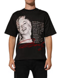 T-shirt noir en coton dolce & gabbana avec portrait noir et blanc de marilyn monroe et texte rouge dessous