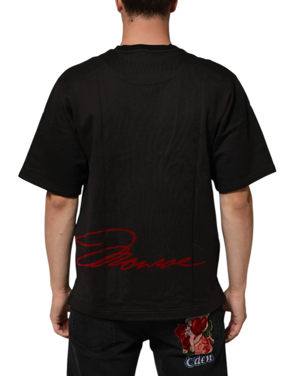 T shirt dolce & gabbana noir oversize en coton avec marilyn monroe, texte rouge en cursive au bas du dos et patch rose brodé