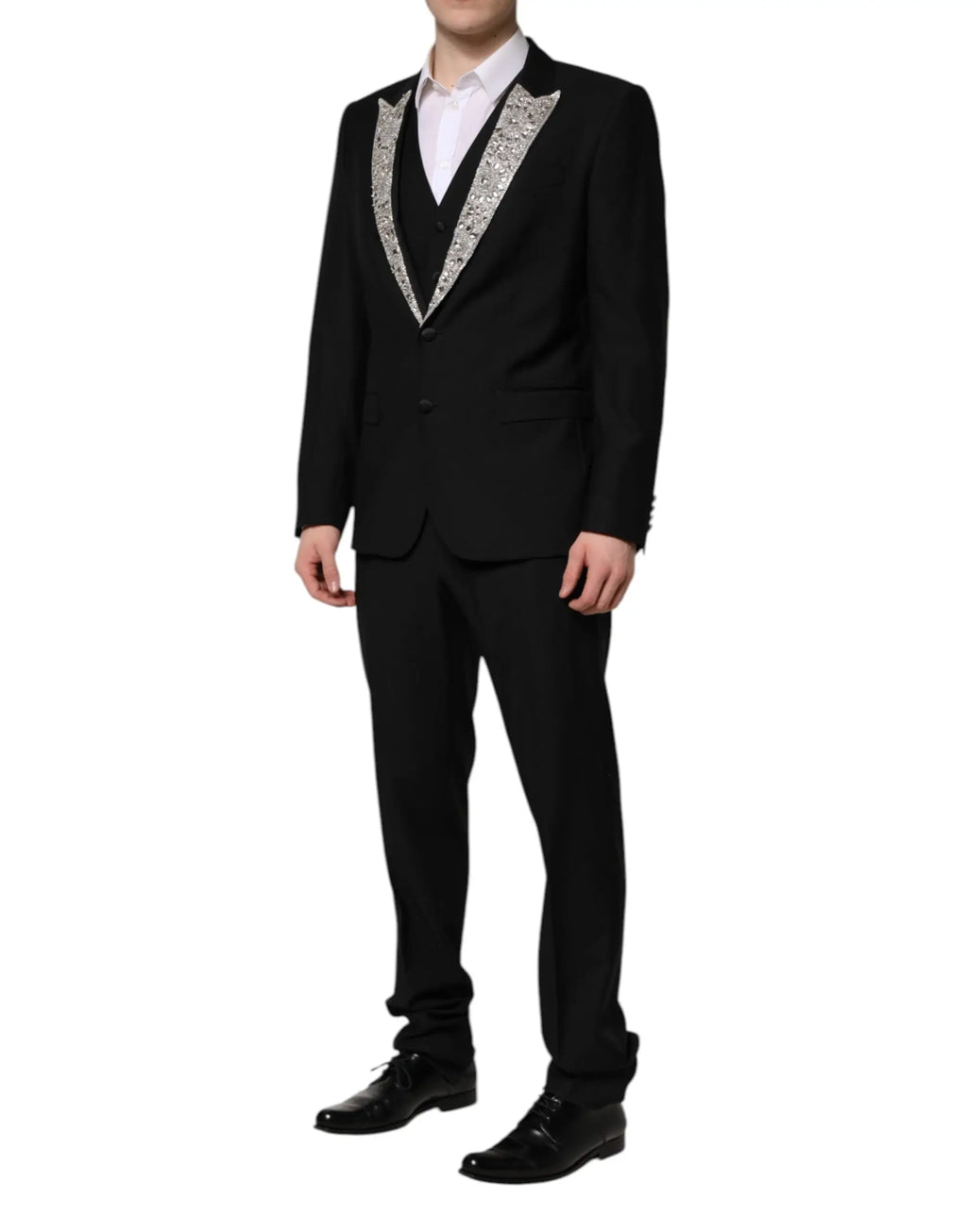 Dolce & gabbana costume martini noir à trois pièces avec revers argentés ornés de cristaux sequins