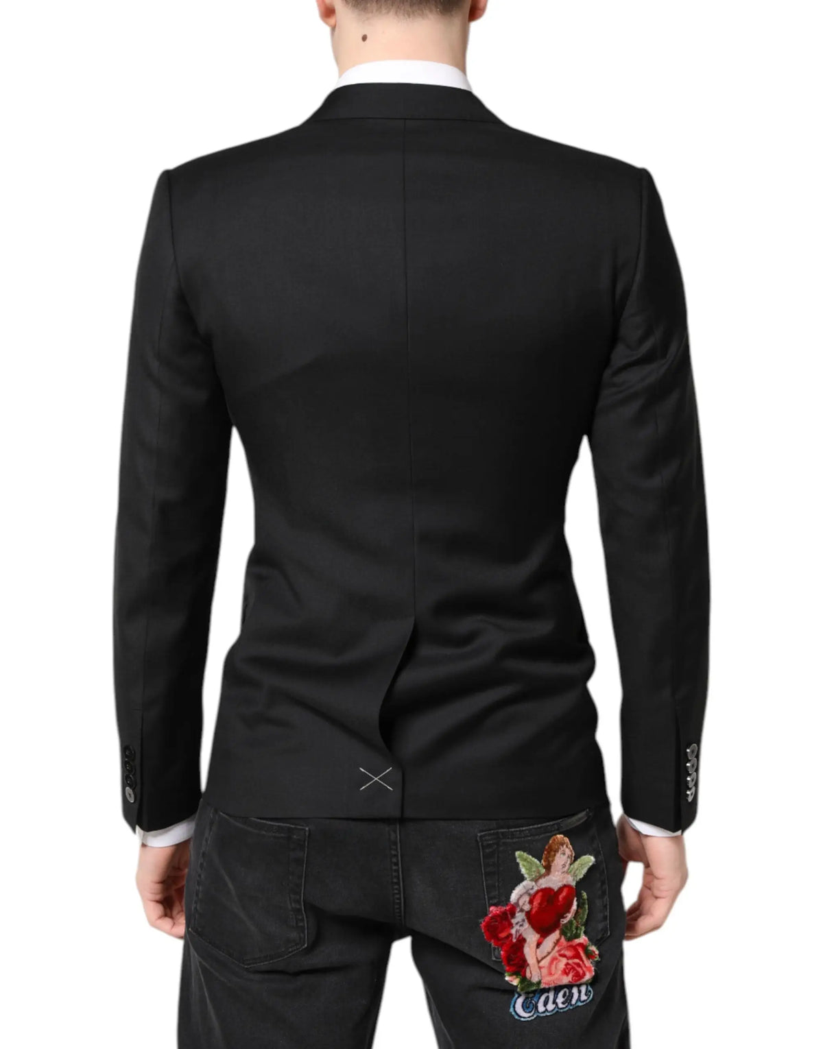 Vue arrière du manteau blazer double boutonnage dolce & gabbana martini noir avec broderie rose rouge et ange au dos