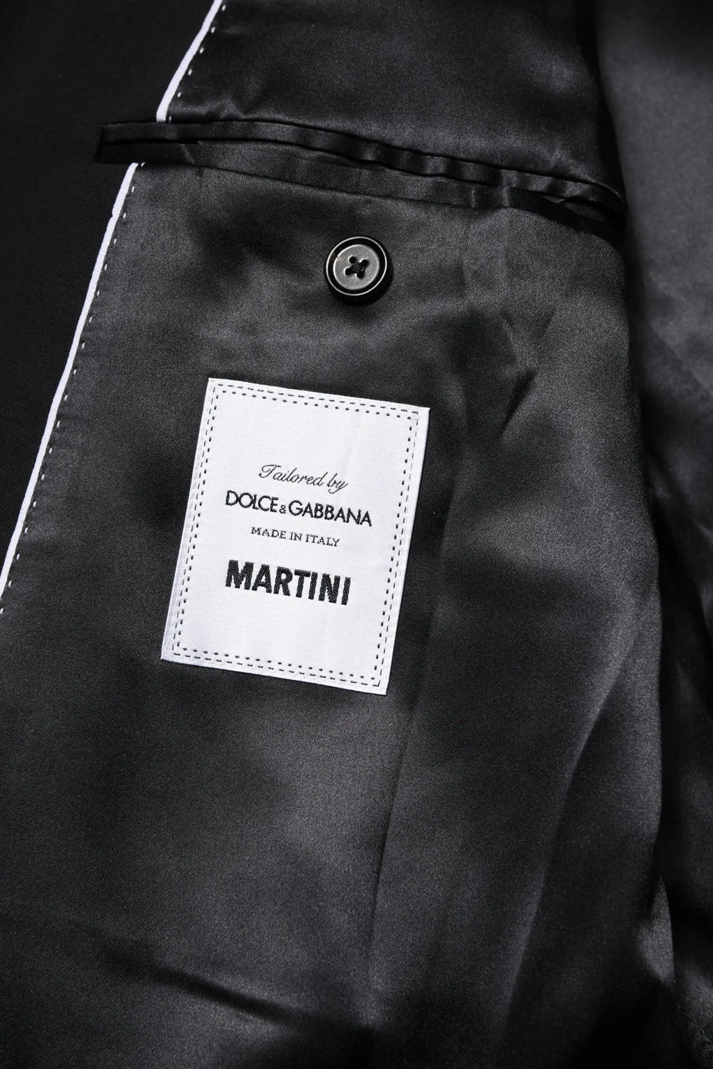 Douce & gabbana veste de costume martini noire doublée satin avec couture blanche et étiquette de marque