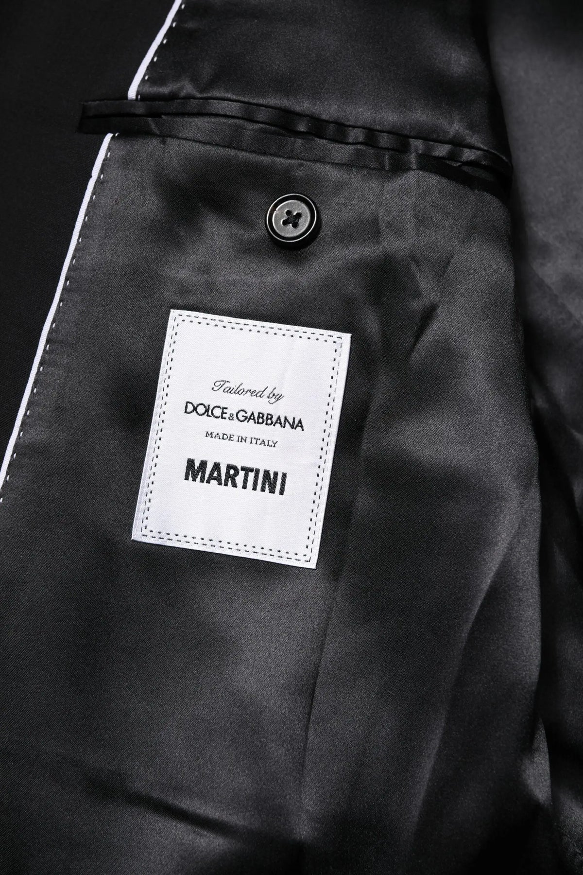 Douce & gabbana veste de costume martini noire doublée satin avec couture blanche et étiquette de marque