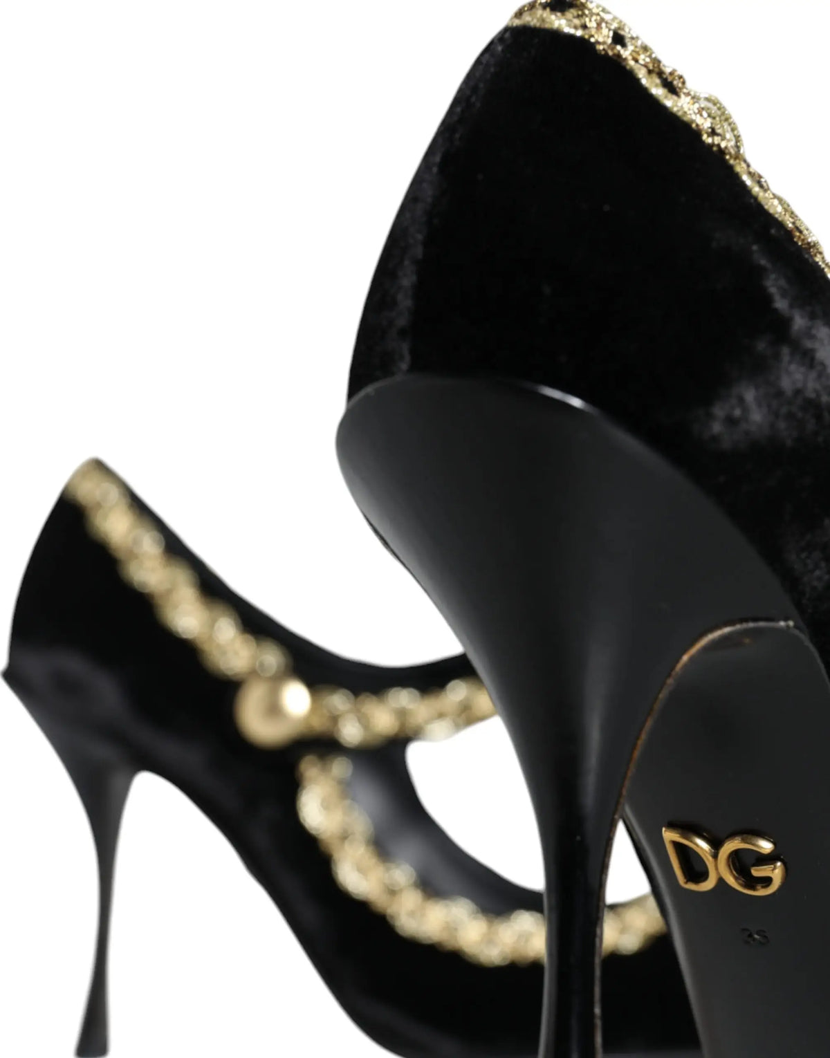 Dolce & gabbana black velvet mary janes pumps with gold chain detailing and dg logo on the heel backside