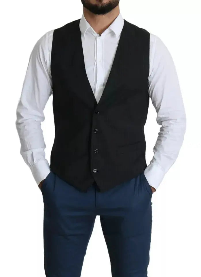 Dolce & gabbana veste noire en laine pour homme avec col en v classique et cinq boutons foncés pour usage formel