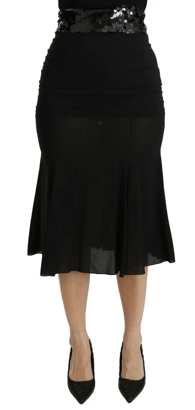 Jupe noire style sirène dolce gabbana en soie midi taille haute avec ceinture à sequins et surcouche transparente