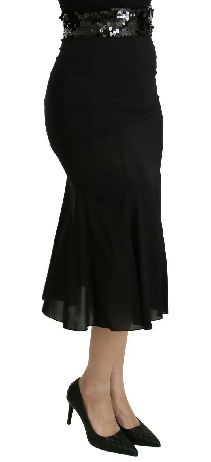 Jupe sirène noire dolce gabbana en soie midi taille haute avec taille pailletée sequins