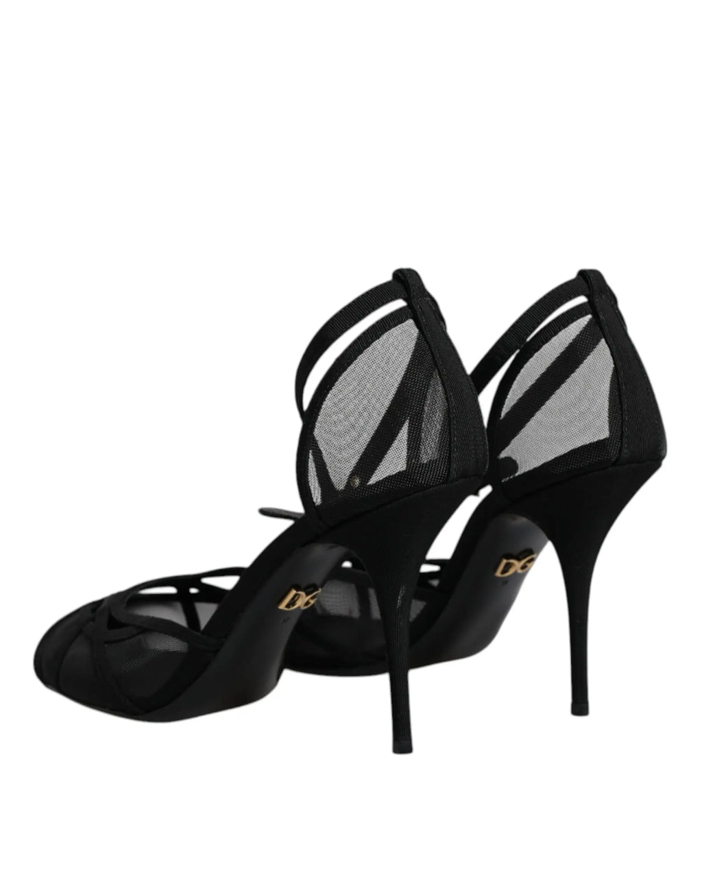 Dolce & gabbana sandales à talons en mesh noir avec design lanières fines et logo doré au talon, vue arrière