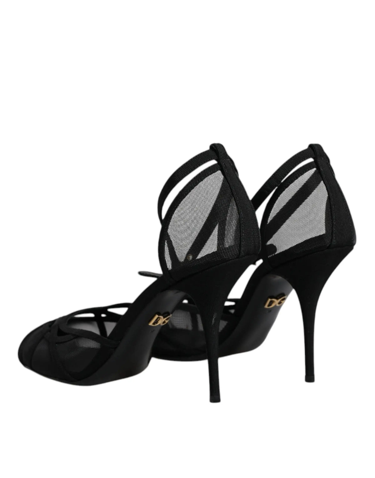 Dolce & gabbana sandales à talons en mesh noir avec design lanières fines et logo doré au talon, vue arrière