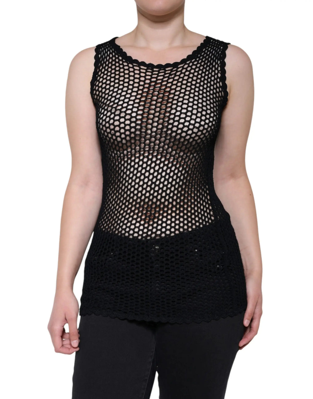 Dolce & gabbana débardeur noir en maille crochet transparent avec encolure et ourlet festonnés