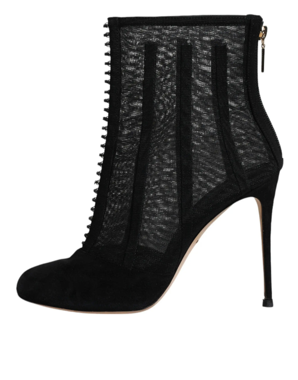 Dolce & gabbana bottines à talon aiguilles en daim noir avec panneaux en maille transparente et lanières verticales noires