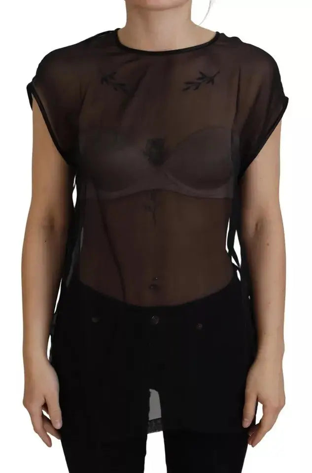 Dolce & Gabbana blouse noire en mesh transparent avec broderies feuilles en haut ample et léger