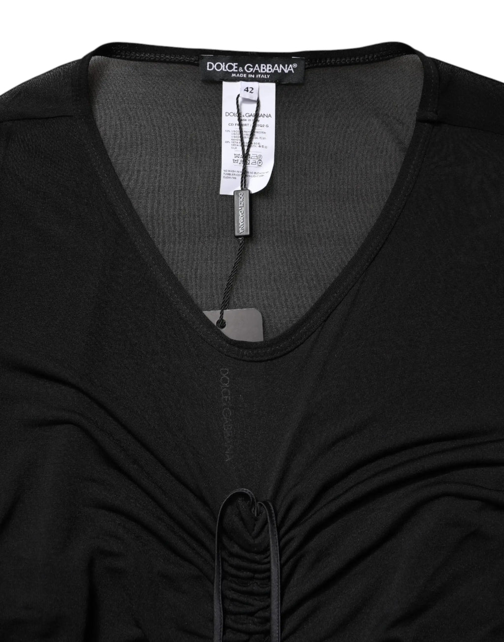 Dolce & gabbana robe noire moulante à col v en tissu extensible avec détail froncé sur le devant