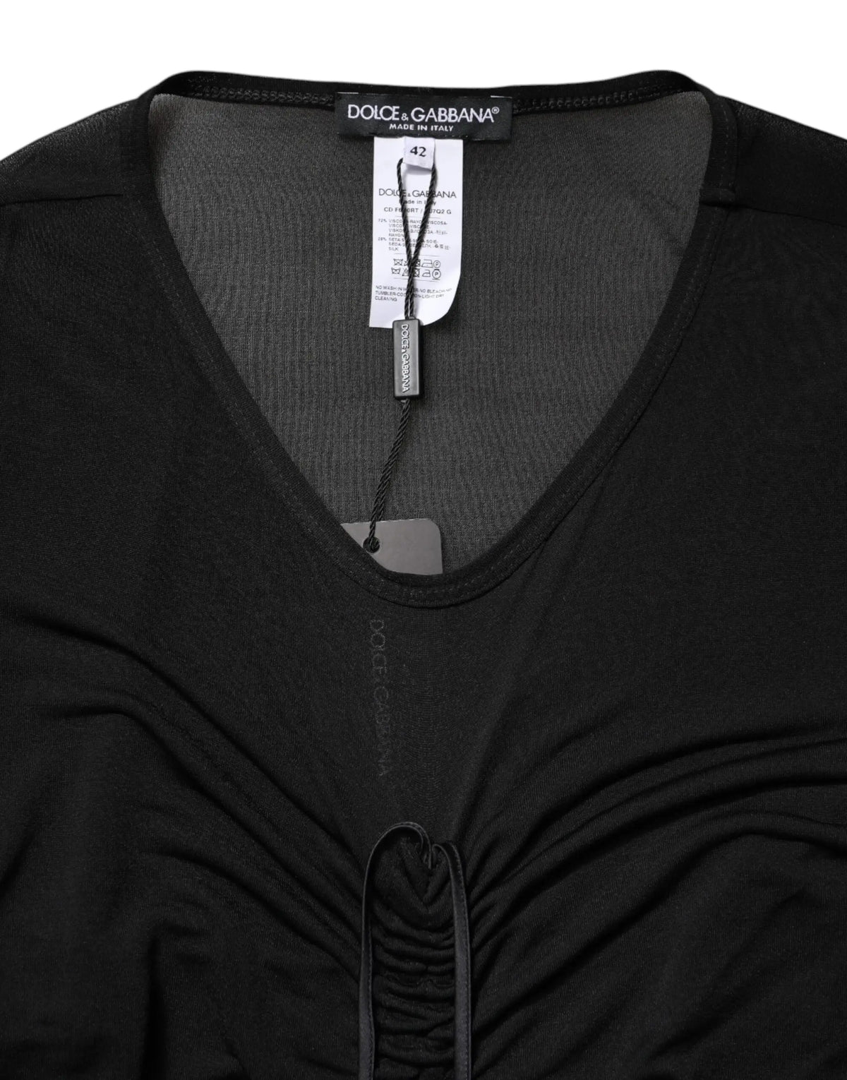 Dolce & gabbana robe noire moulante à col v en tissu extensible avec détail froncé sur le devant