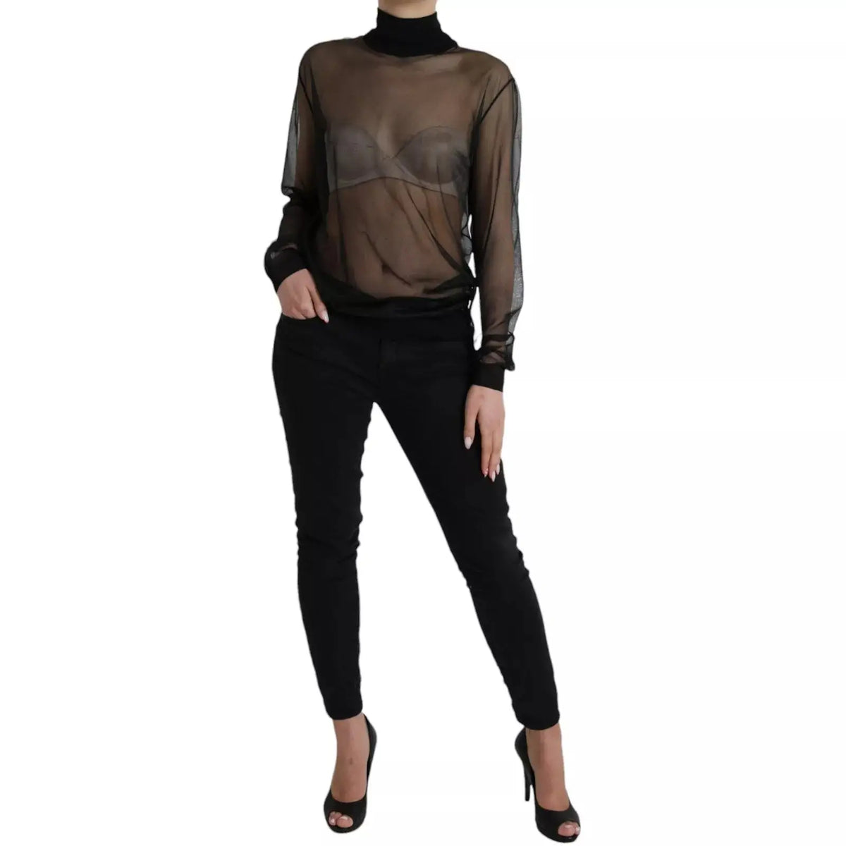 Dolce & gabbana blouse noire en mesh transparent à col roulé avec manches longues et doublure intérieure noire