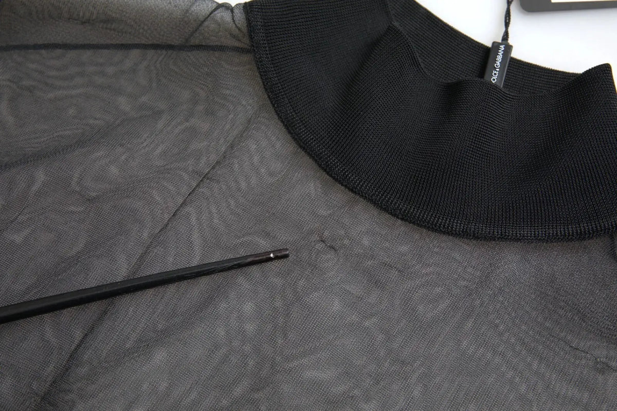 Col roulé noir en maille sur un top transparent gris en mesh par dolce & gabbana