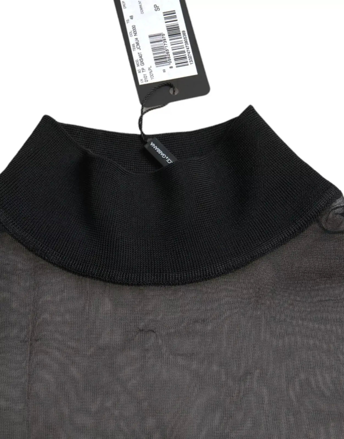 Dolce & gabbana blouse top en mesh gris transparent avec col roulé côtelé noir texturé