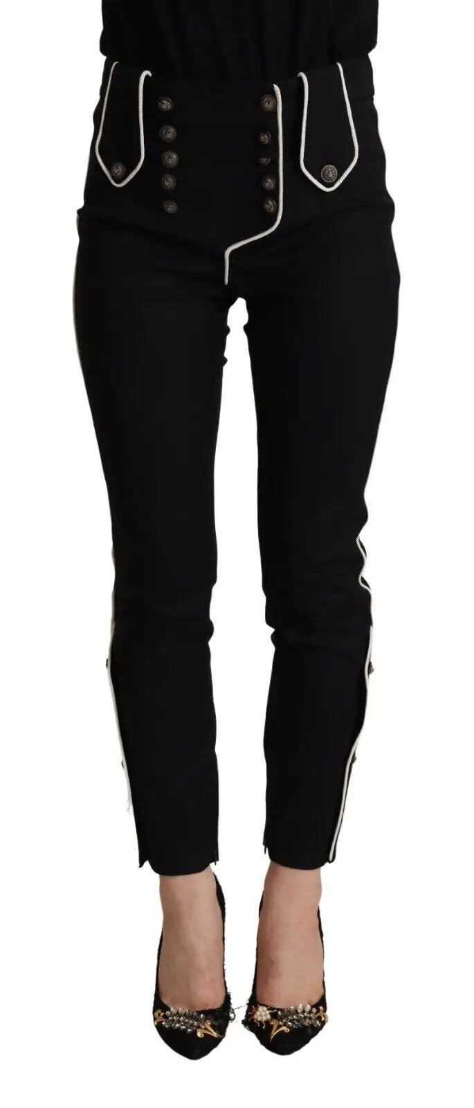 Pantalon slim noir dolce gabbana taille mi-haute avec boutons argentés et piping blanc style ajusté