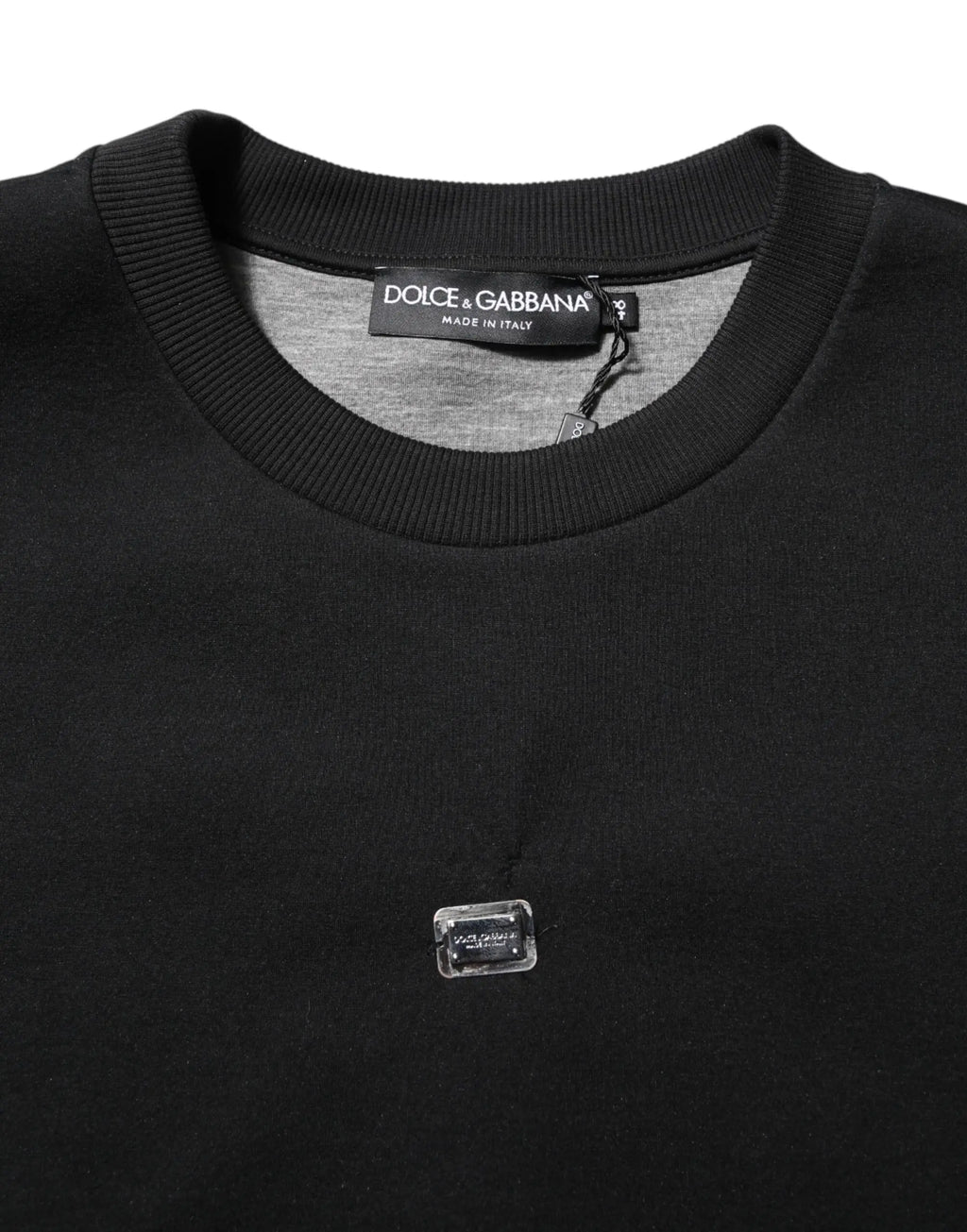 Pull-over dolce & gabbana noir en modal avec col côtelé et plaque logo dg transparente sur la poitrine