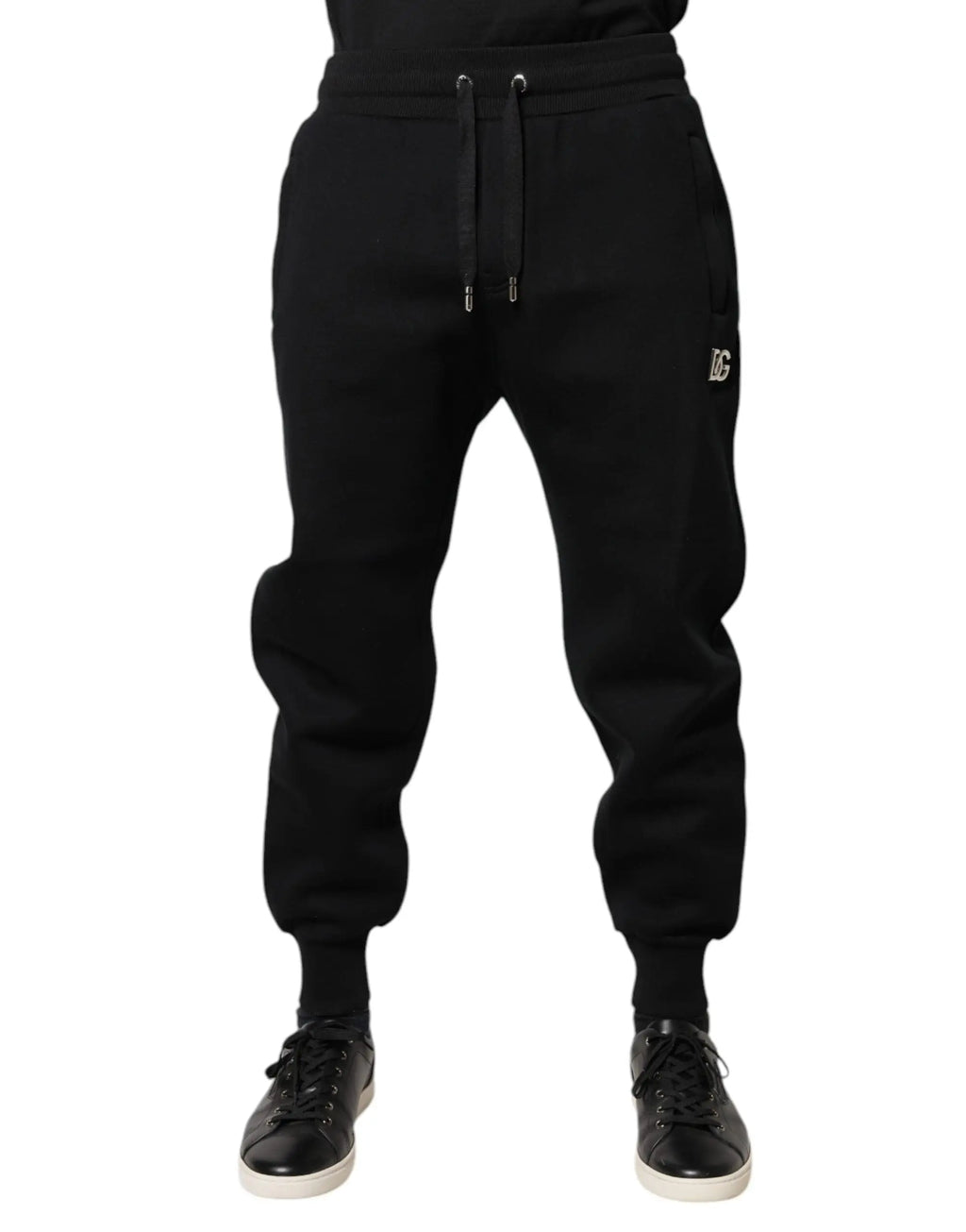 Dolce & gabbana black modal jogger pants with subtle white dc shoes logo on thigh and matching drawstrings