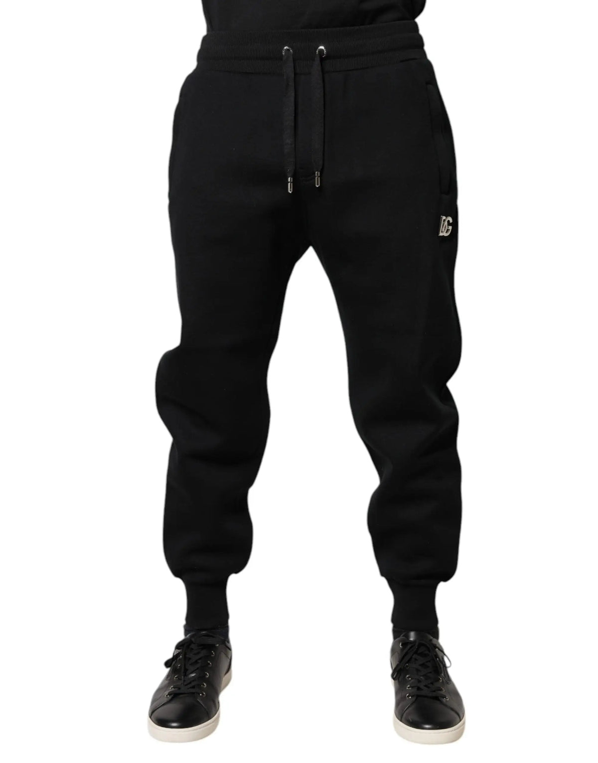 Dolce & gabbana black modal jogger pants with subtle white dc shoes logo on thigh and matching drawstrings