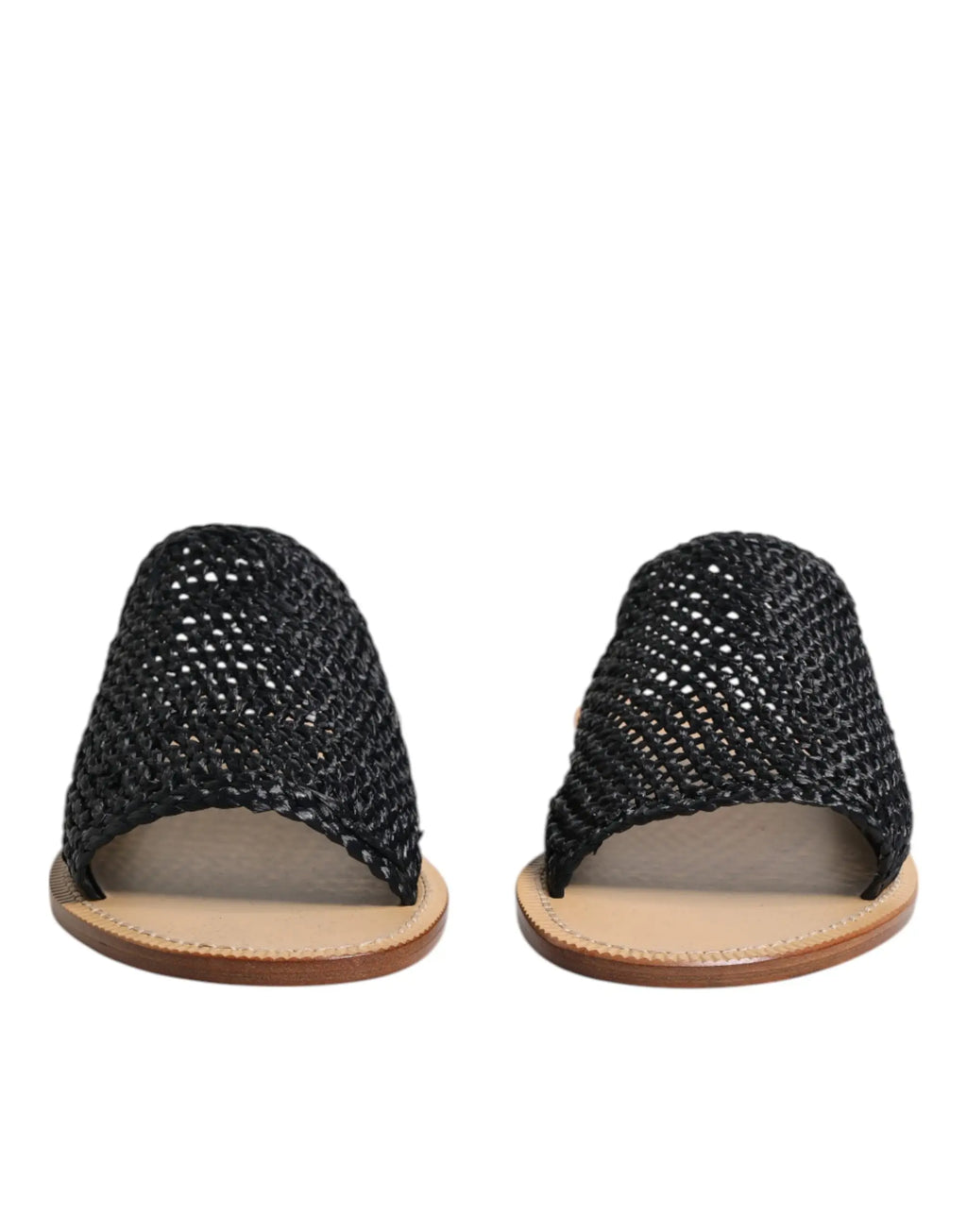 Dolce & gabbana black monochrome braided raffia slides shoes with textured open-knit upper and light brown leather soles