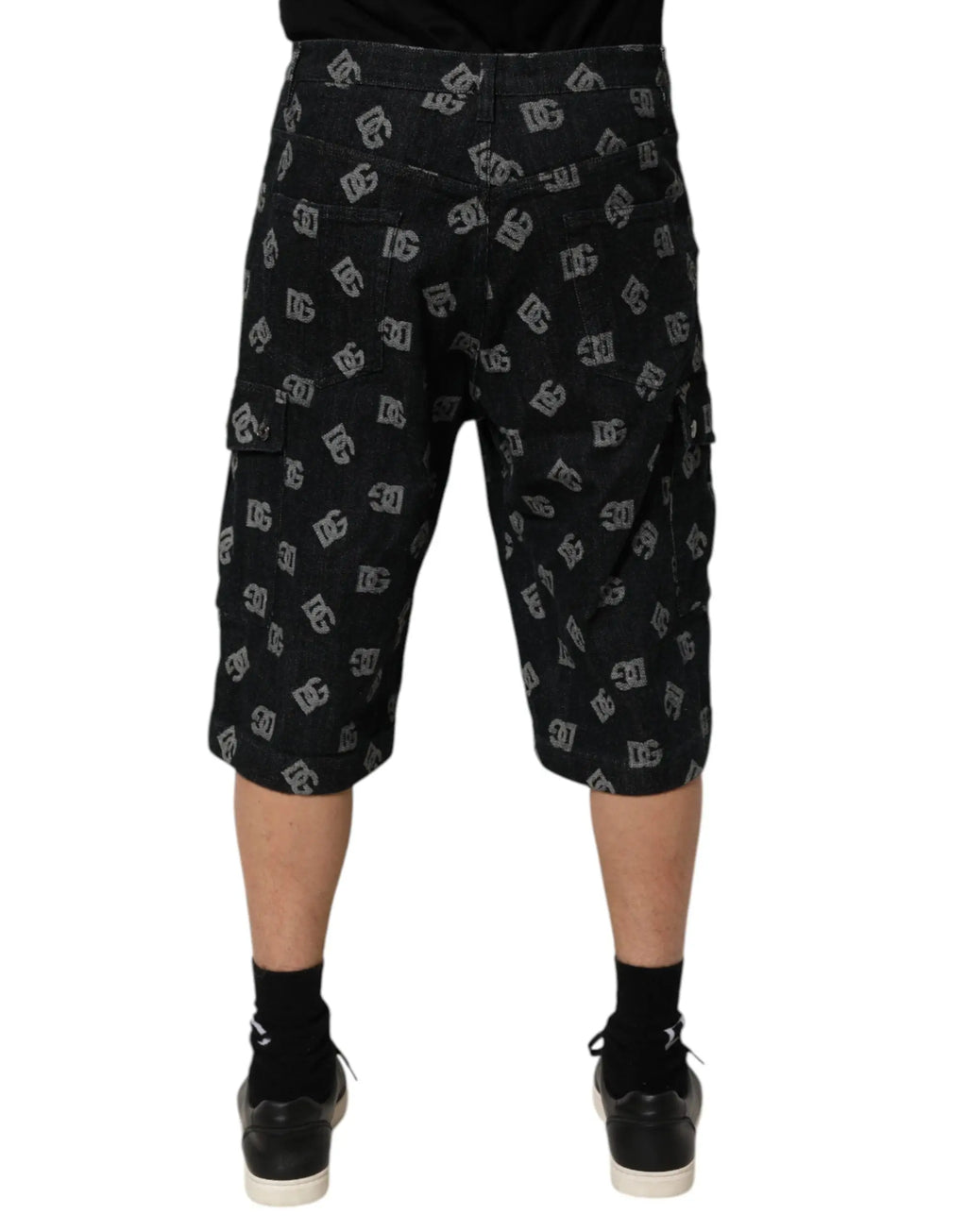 Dolce & gabbana black monogram denim cargo bermuda short for men with white dc logo pattern on black fabric