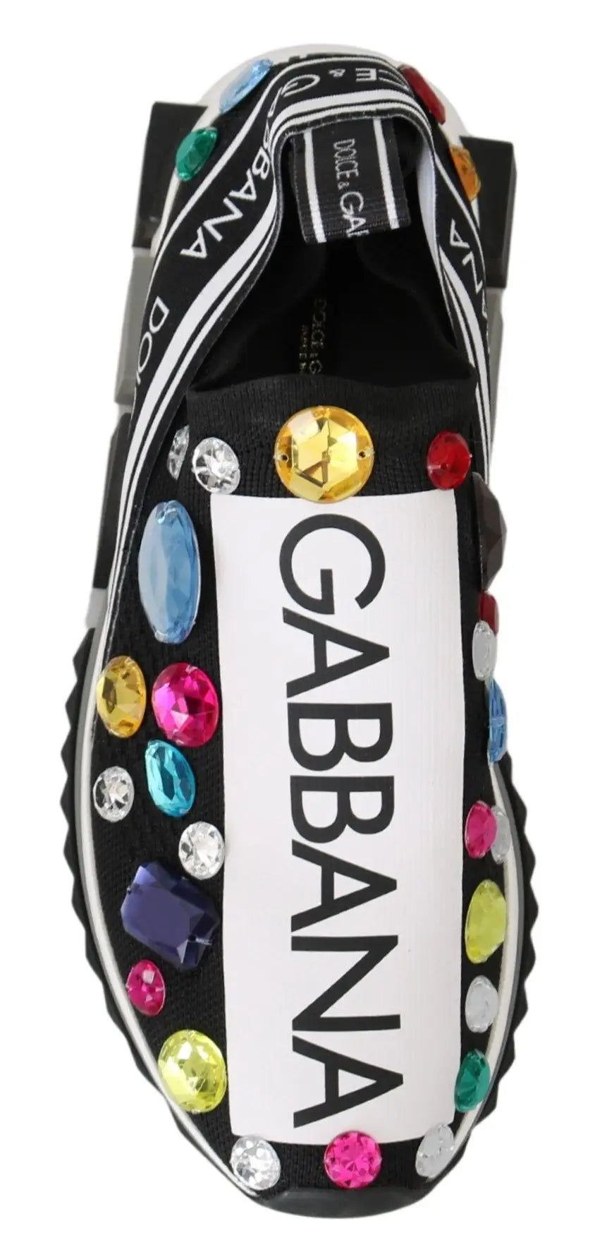 Baskets slip-on dolce & gabbana noires ornées de cristaux multicolores avec étiquette blanche du logo en noir