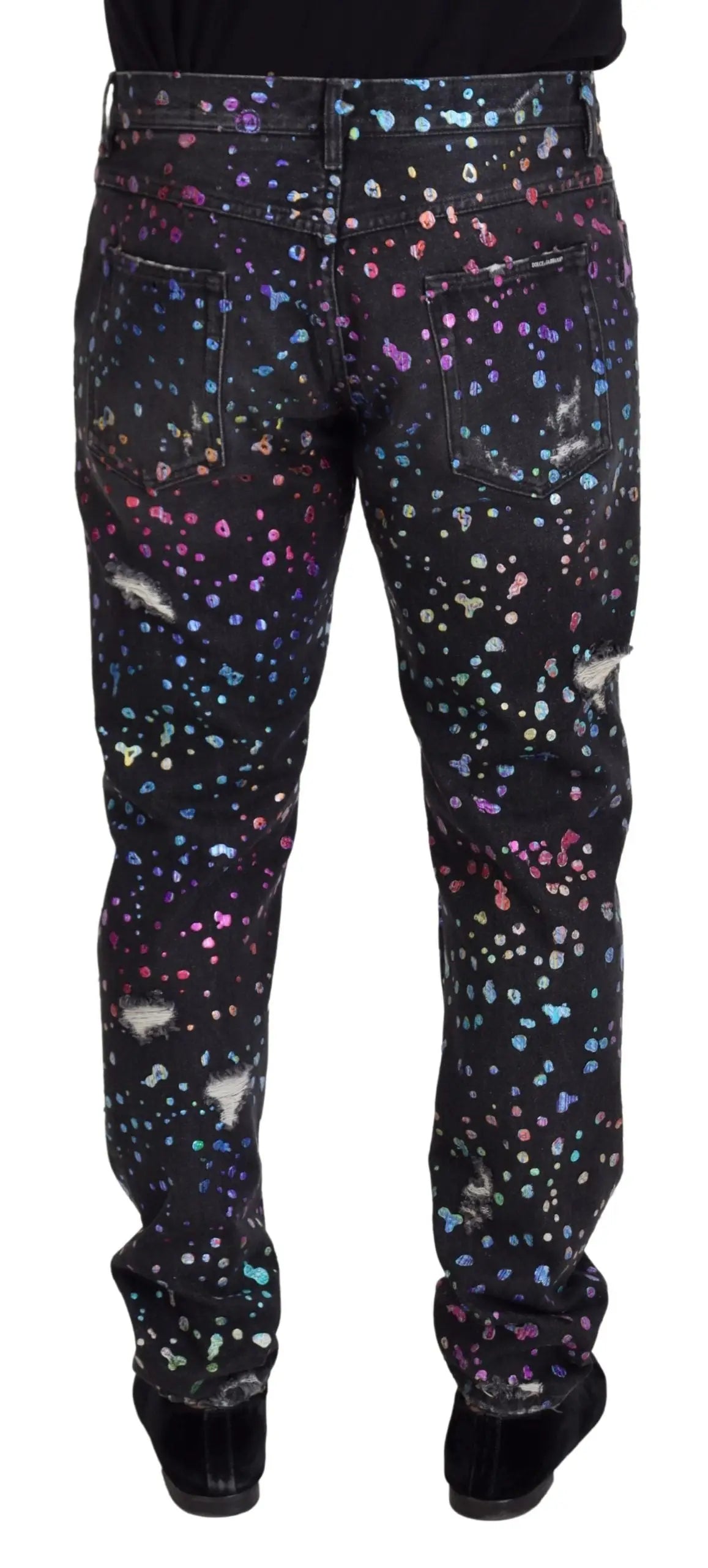 Dolce & gabbana jean en denim noir avec motif éclaboussure multicolore rose bleu violet et blanc