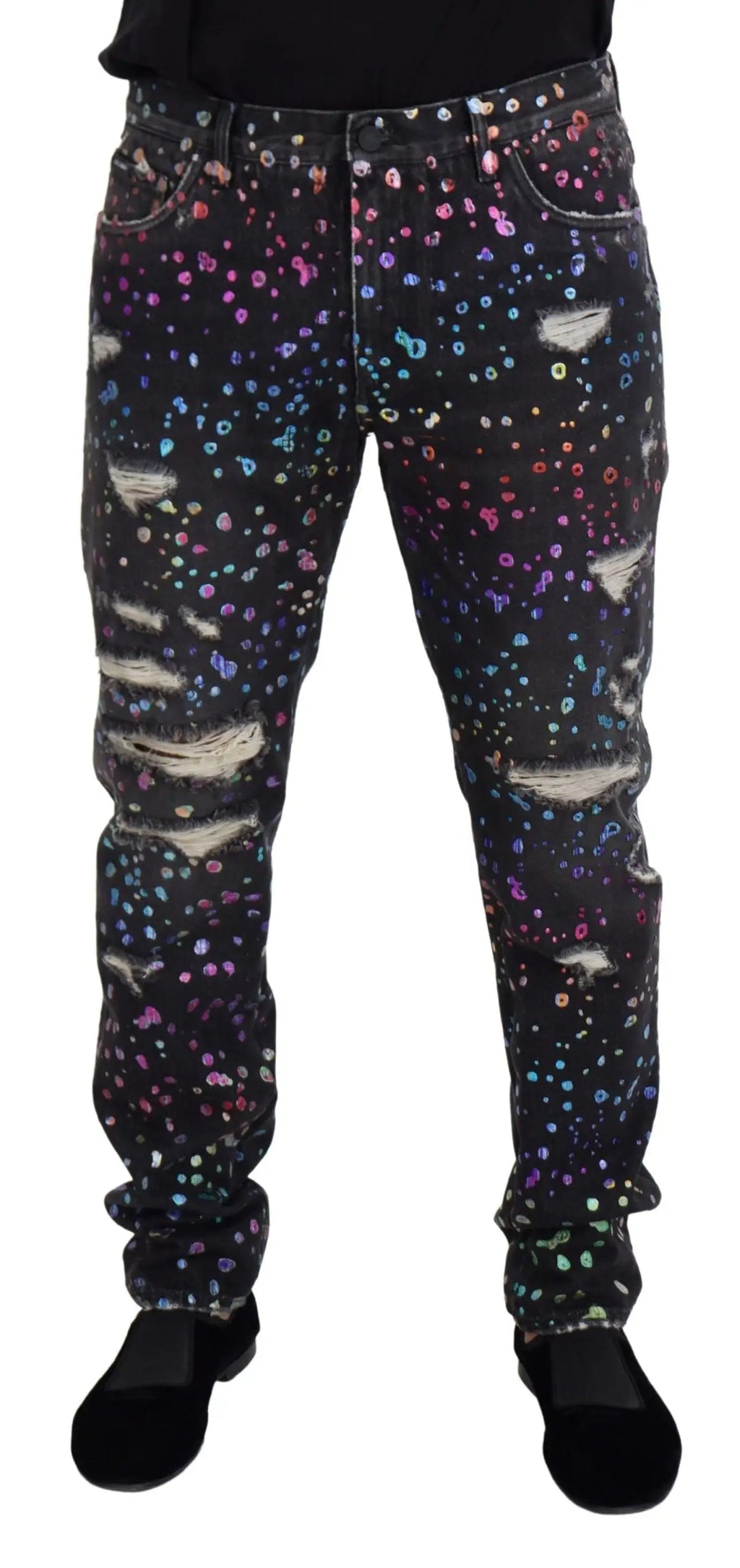 Jean en denim noir dolce & gabbana avec imprimé multicolore éclaté et détails déchirés usés