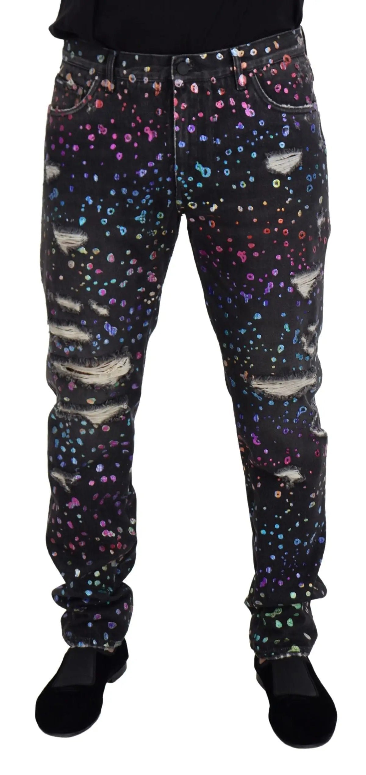 Jean en denim noir dolce & gabbana avec imprimé multicolore éclaté et détails déchirés usés