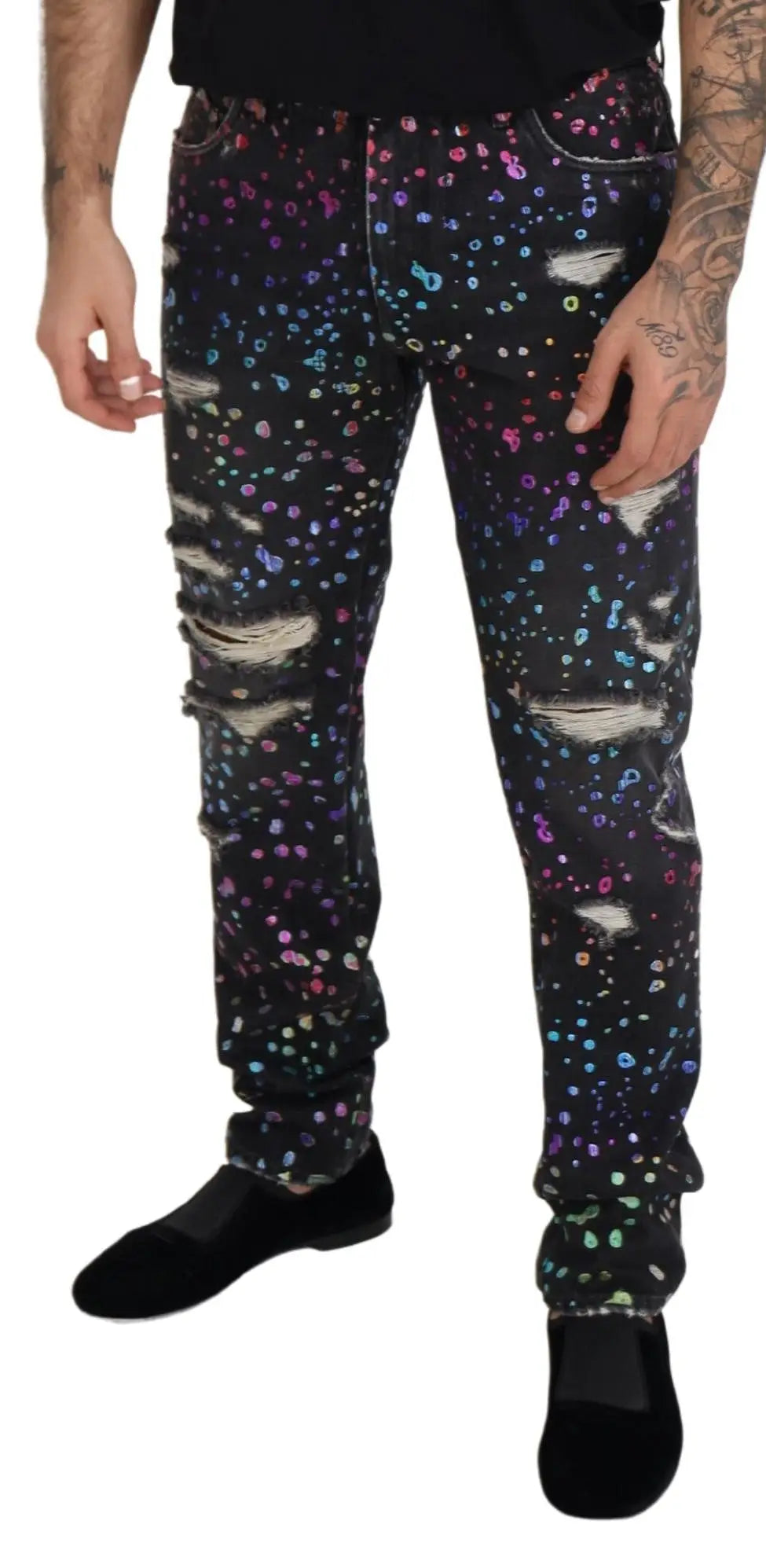 Jean en denim noir dolce gabbana avec imprimé multicolore et déchirures style usé