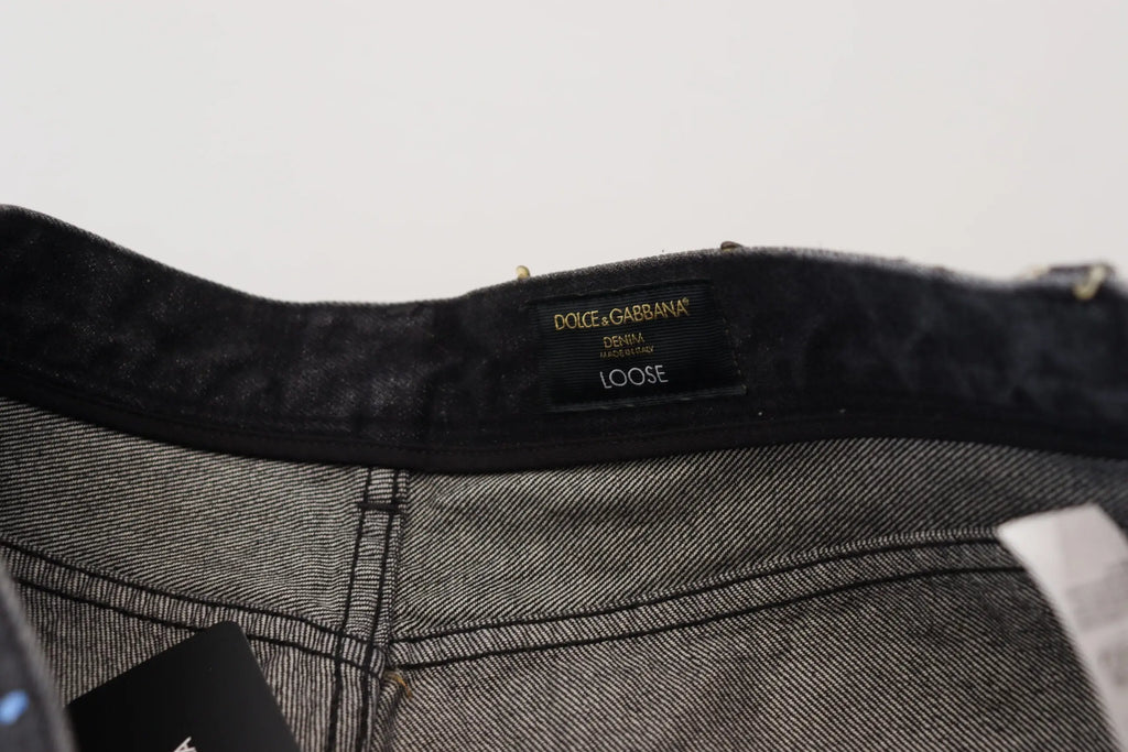 Dolce & gabbana jean en denim noir multicolore avec imprimé tattered et coupe ample avec étiquette visible