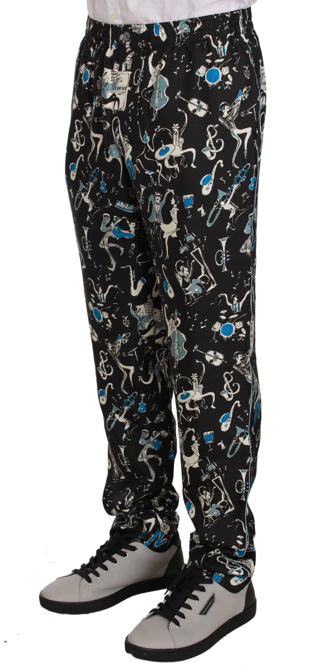 Pantalon de nuit noir dolce & gabbana avec imprimé musical stylisé blanc et bleu all-over