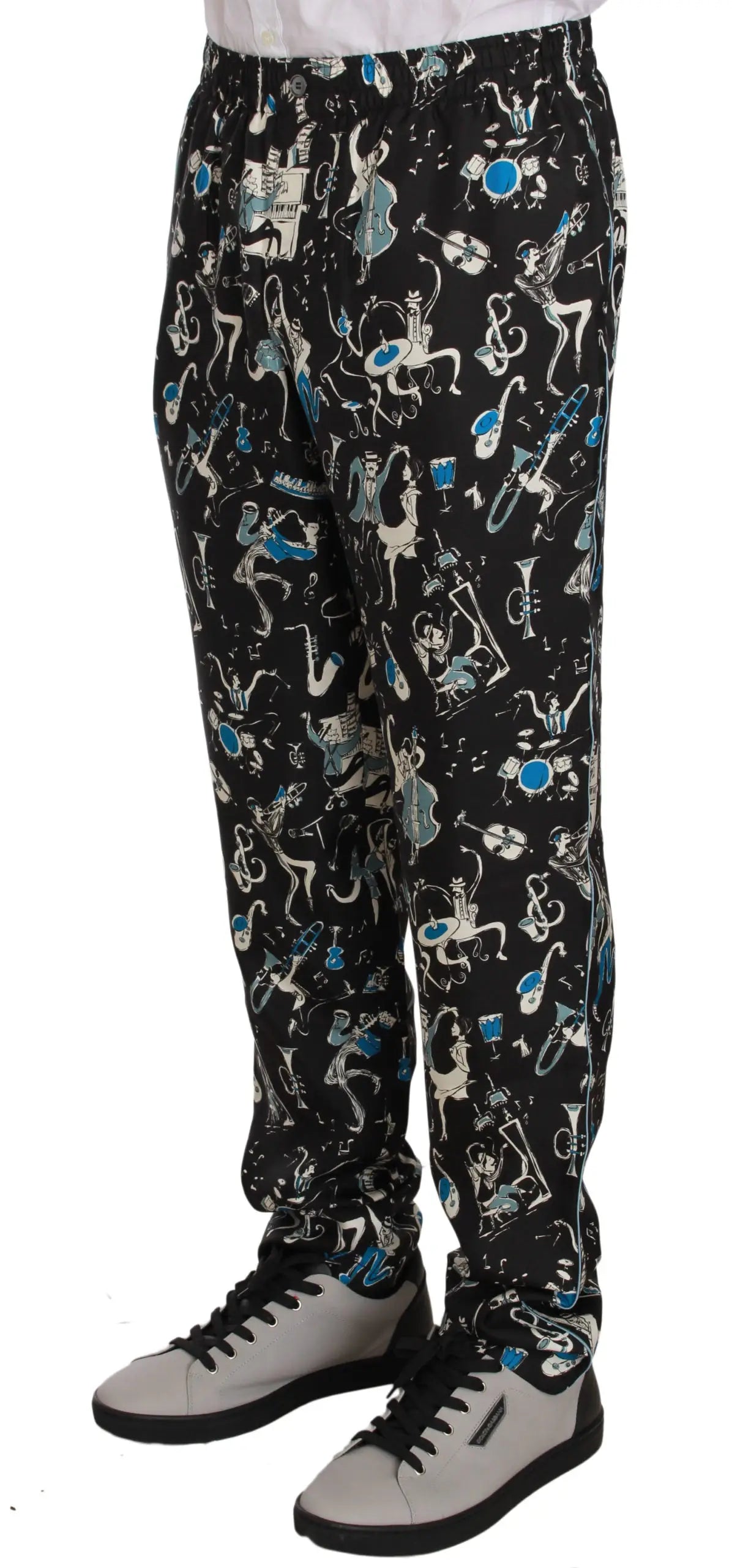 Pantalon de nuit noir dolce & gabbana avec imprimé musical stylisé blanc et bleu all-over