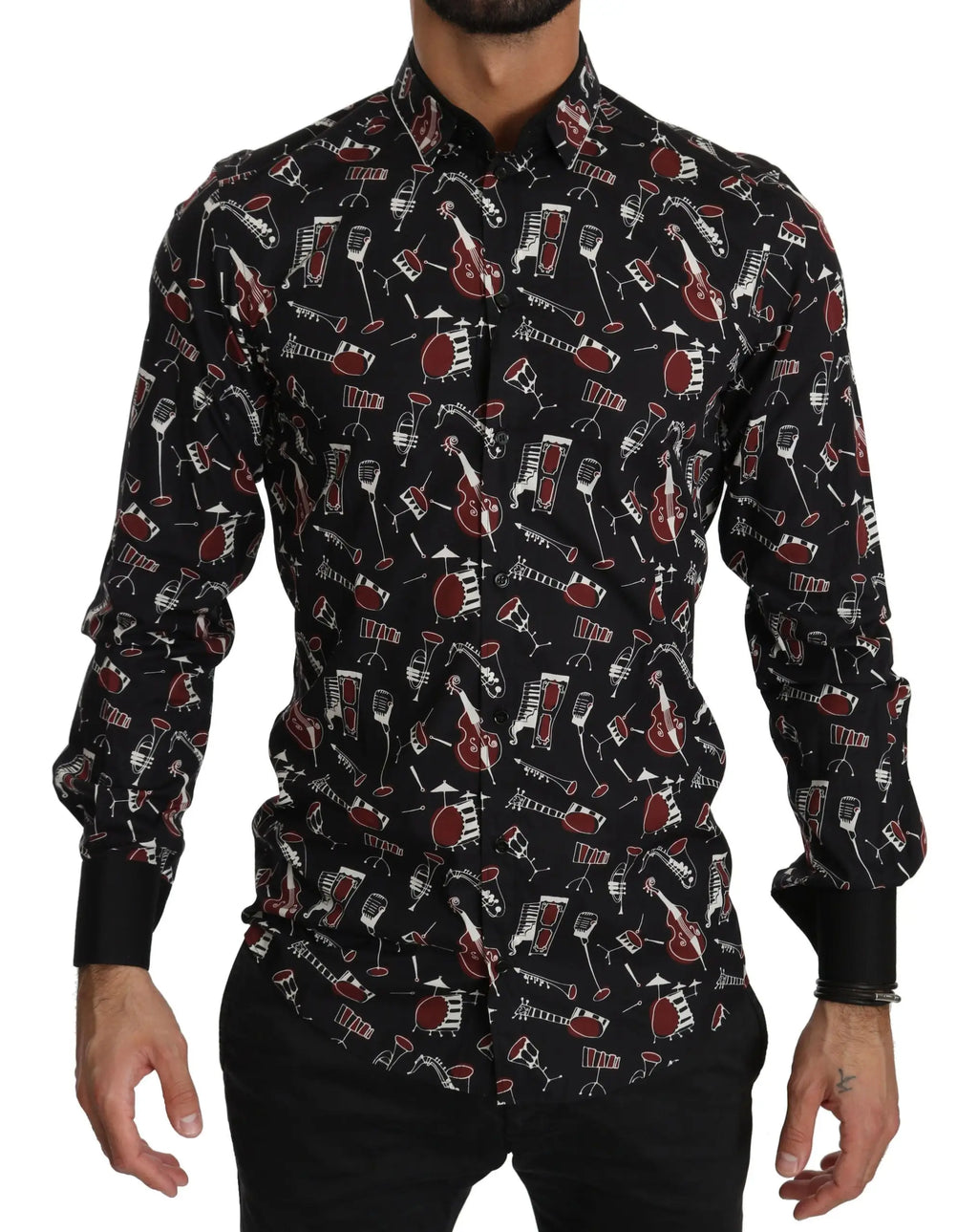Chemise noire dolce & gabbana à manches longues avec motif ludique d’instruments de musique rouges et blancs