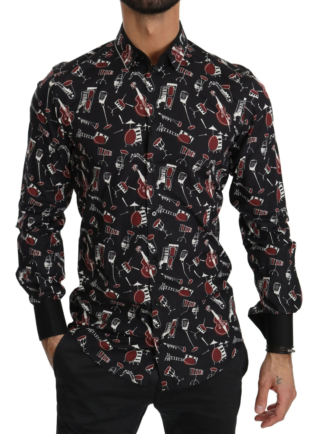 Chemise noire dolce & gabbana slim fit à manches longues avec motif ludique d instruments de musique rouges et blancs