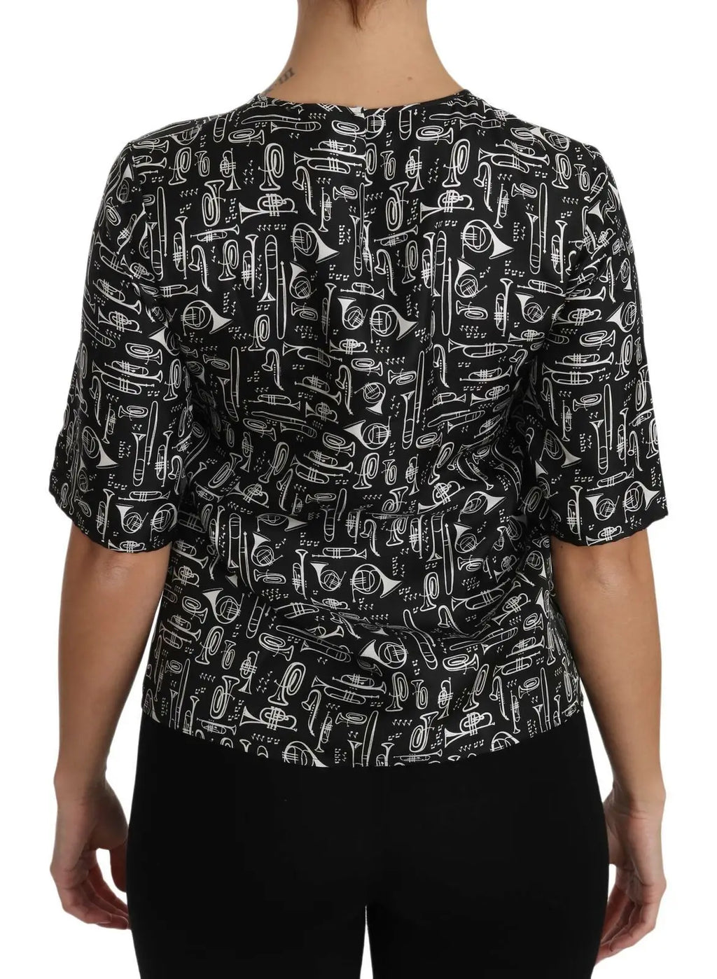 Blouse noire dolce gabbana en soie avec imprimé trompettes blanches d’instruments de musique